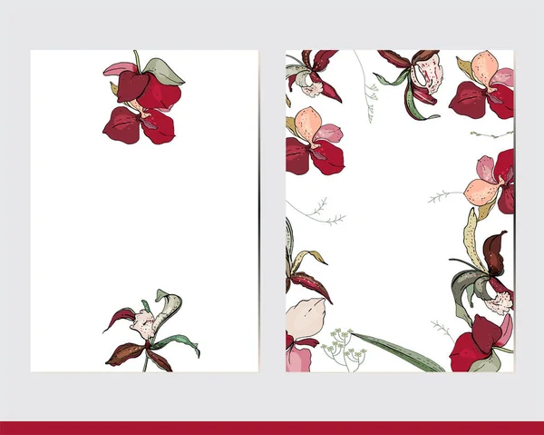 Biglietti Auguri Con Elementi Floreali Decorazione Arredamento Con Orchidee Erbe — Vettoriale Stock