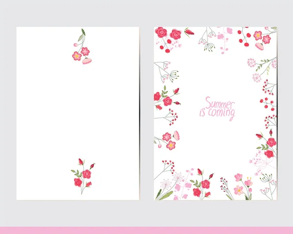 Tarjetas Felicitación Con Elementos Florales Decoración Decoración Con Rosas Hierbas — Archivo Imágenes Vectoriales