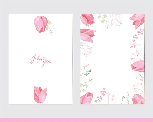 Tarjetas Felicitación Con Elementos Florales Decoración Decoración Con Tulipanes — Vector de stock