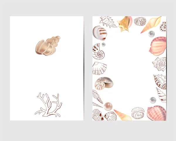 Mercanlı Kabuklu Incili Tebrik Kartları Deniz Elementleriyle Dekorasyon — Stok Vektör
