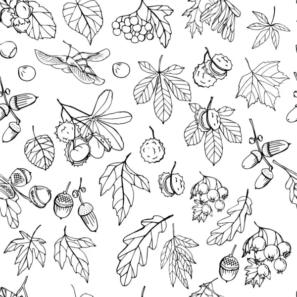 Seamless Pattern Black White Autumn Leaves Endless Texture Your Design — Stock Vector