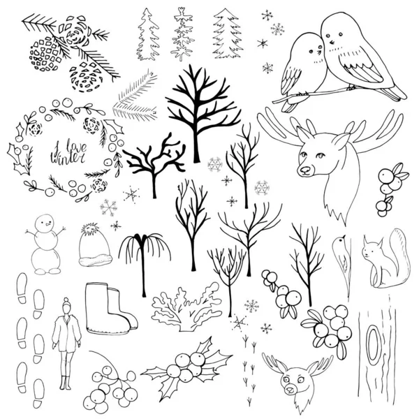 Big Set Different Winter Symbols Hand Drawn Objects Isolated White — Stock Vector