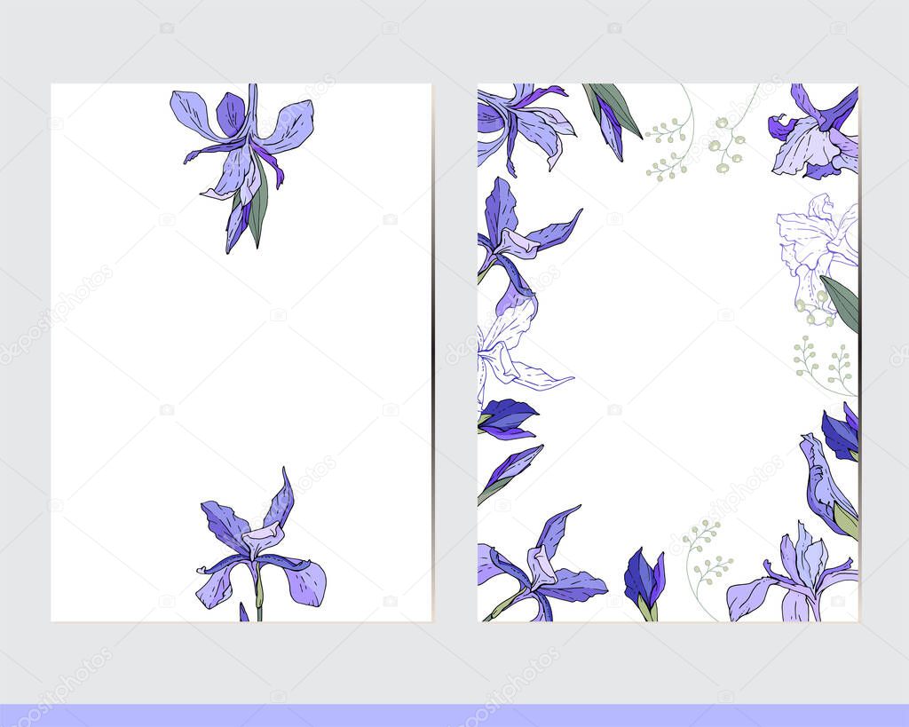 Greeting cards with floral elements. Decor with herbs and irises