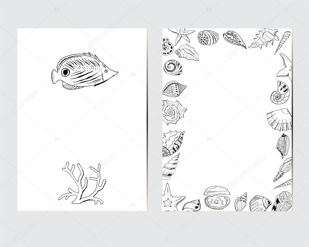 Greeting cards with corals, shells and fish. Decor with sea elements