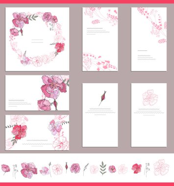 Mevsim ve festival tasarımı için farklı çiçek unsurları içeren tebrik kartları