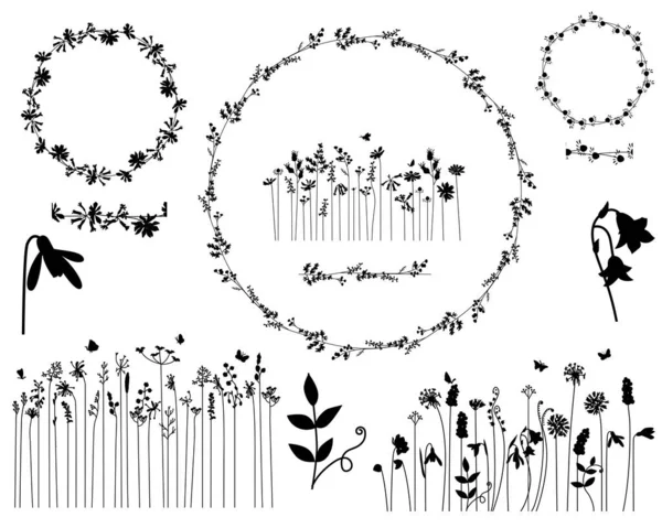 Corona Contorno Detallada Elementos Con Flores Hierbas Aisladas Blanco Marcos — Archivo Imágenes Vectoriales