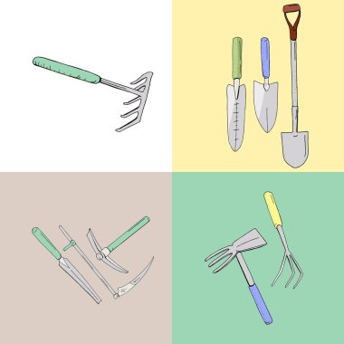 Farklı bahçe aletleriyle renklendirme seti. Evde ve dışarıda bitki yetiştirmek için kullanılacak nesne