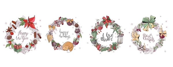 クリスマスの装飾とかなり花輪 季節のお祝いの要素で飾られたラウンドガーランド 書道フレーズメリークリスマス シーズングリーティングカード ポスター 広告のために ヴィンテージスタイル — ストックベクタ
