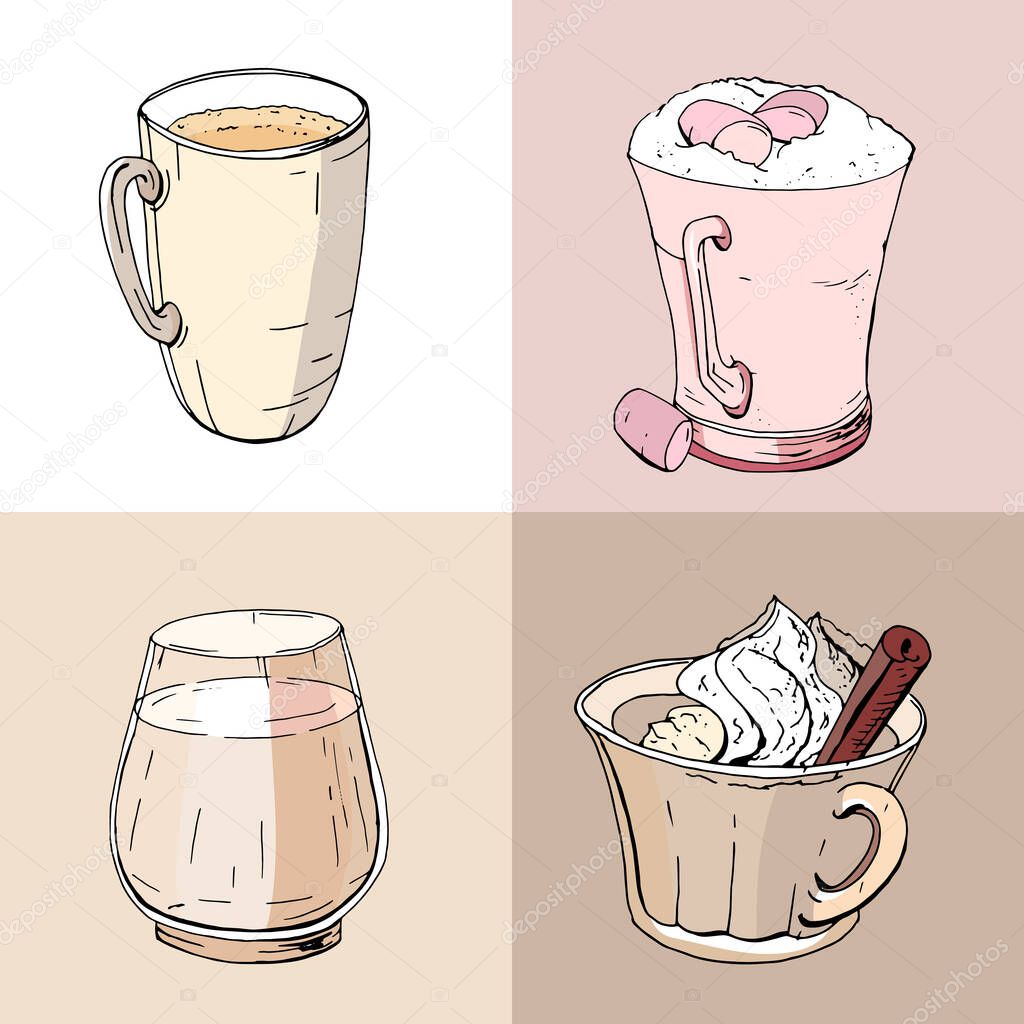 Set of different Christmas and winter drinks. Elements isolated on white for restaurant and cafe menu.