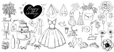 Düğün unsurları ile büyük bir set. Beyaz arkaplanda izole nesneler