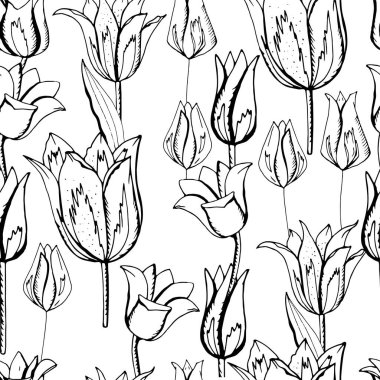 Kusursuz desenli, siyah el çizilmiş laleler. Bitmek bilmeyen çiçek dokusu