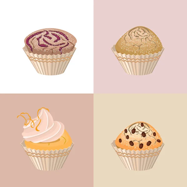 Detailliertes Set Mit Verschiedenen Muffins Und Geburtstagstorten — Stockvektor
