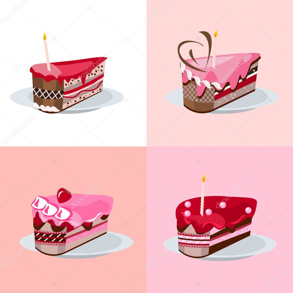 Set with different slices of birthday cakes