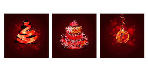 Collectie Met Rode Kerstkaarten Fir Boom Gemaakt Van Lint Mooie — Stockfoto