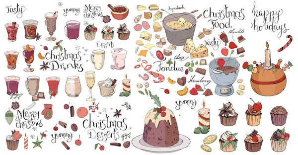 Σετ Παραδοσιακό Χριστουγεννιάτικο Φαγητό Και Επιδόρπια Που Απομονώνονται Λευκό Περίγραμμα — Φωτογραφία Αρχείου