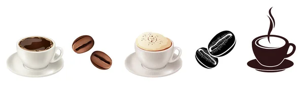 Set Avec Des Tasses Expresso Chaud Cappuccino Symboles Grains Café — Photo