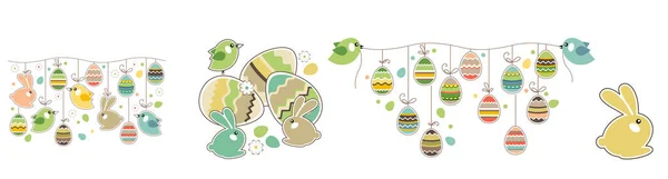 白い背景に隔離されたイースターのお祝いのシンボル 面白いウサギ 鳥や絵の卵 — ストック写真