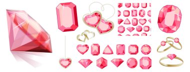 Beyaz arka planda izole edilmiş farklı mücevherler. Yakut ve altın