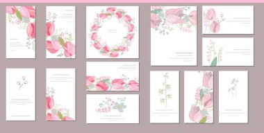 Şirin pembe laleler ve yabani çiçeklerle süslü çiçek şablonları. Romantik, ilkbahar ve Paskalya tasarımı, duyurular, tebrik kartları, posterler, reklamlar için.