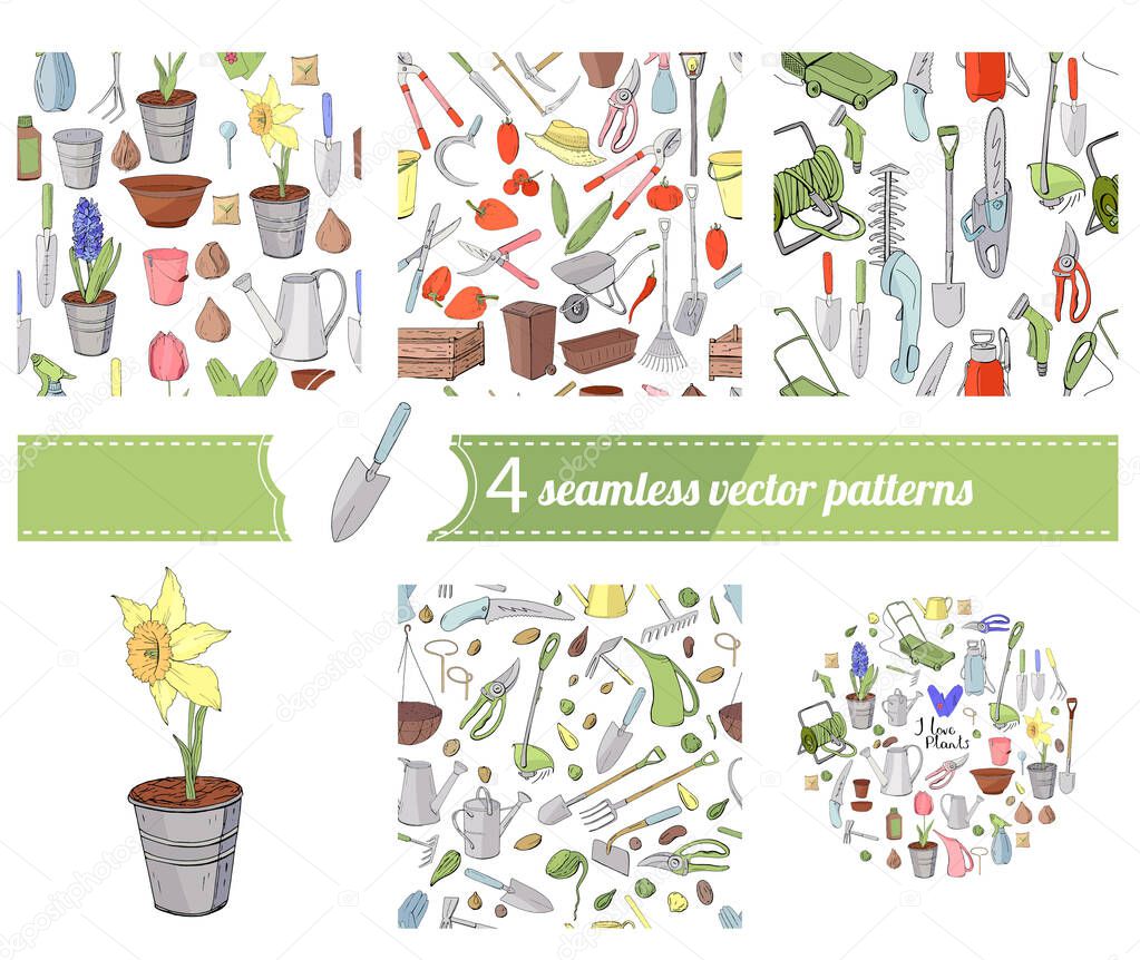 Seamless patterns with garden gadgets and vegetables.