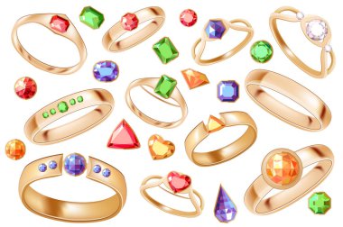 Beyaz arka planda elmas, yakut, zümrüt ve safir içeren farklı altın yüzükler.