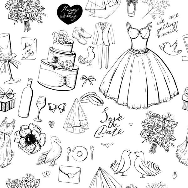 Zökkenőmentes Minta Fekete Esküvői Szimbólumokkal Végtelen Textúra Kézzel Rajzolt Tárgyak — Stock Fotó