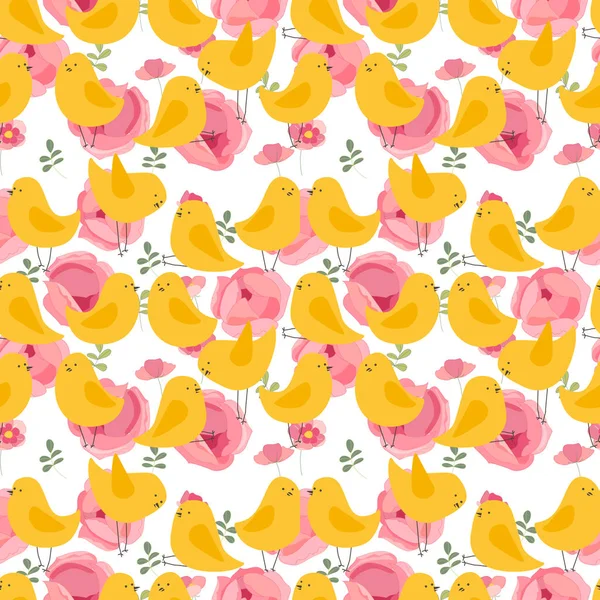 Nahtloses Ostermuster Mit Gelben Vögeln Und Blumen — Stockfoto