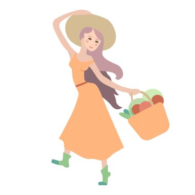 Elinde taze sebzelerle sepeti tutan genç bir kadın. Çiftçi beyaz arka planda izole edilmiş. İllüstrasyon sebze toplama ve tarım için kullanılabilir.