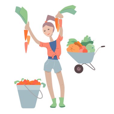 Mutlu kadın taze havuçlarla ayakta duruyor. Hasat konsepti. İllüstrasyon sebze toplama ve tarım için kullanılabilir.