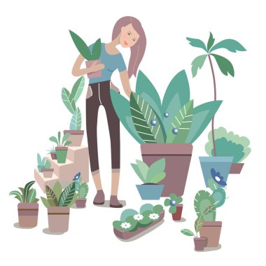 Etrafında bir sürü ev bitkisi olan genç bir kadın. Yaşam tarzı ve hobisi. İllüstrasyon bahçıvanlık, ev ekimi ve tarım için kullanılabilir
