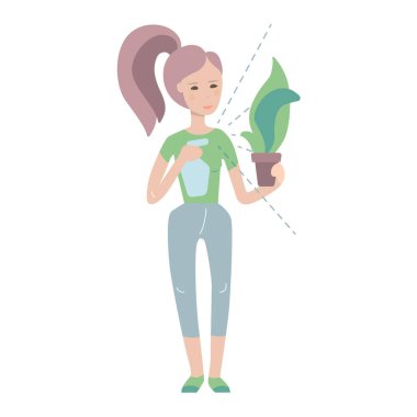 Çiçekleri spreyle sulayan genç bir kadın. İllüstrasyon bahçıvanlık, ev ekimi ve tarım için kullanılabilir