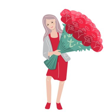 Genç bayan hediye taşıyor - büyük bir demet kırmızı gül..