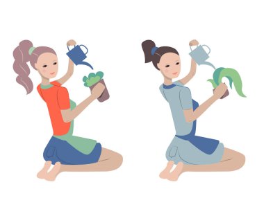 Çiçek saksısında çiçek sulayan genç bir kadın. İllüstrasyon bahçıvanlık, ev ekimi ve tarım için kullanılabilir