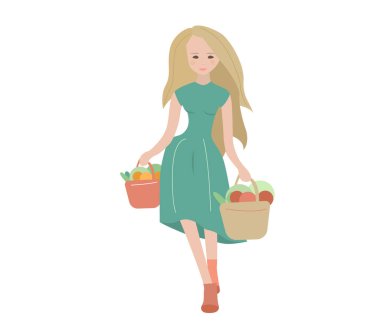 Elinde taze sebzelerle sepeti tutan genç bir kadın. Çiftçi beyaz arka planda izole edilmiş. İllüstrasyon sebze toplama ve tarım için kullanılabilir.