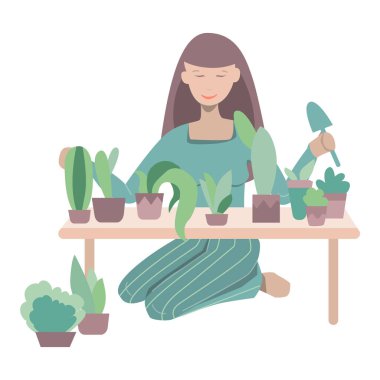 Etrafında bir sürü ev bitkisi olan genç bir kadın. Yaşam tarzı ve hobisi. İllüstrasyon bahçıvanlık, ev ekimi ve tarım için kullanılabilir