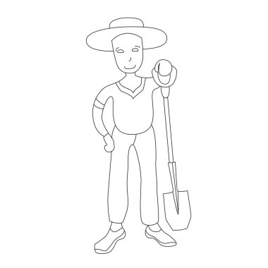 Kürekle ayakta duran genç adam. Siyah beyaz çizim. Boyama kitabı.