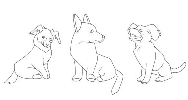 Farklı komik köpeklerin koleksiyonu. Resim, boyama kitabı için kullanılabilir.