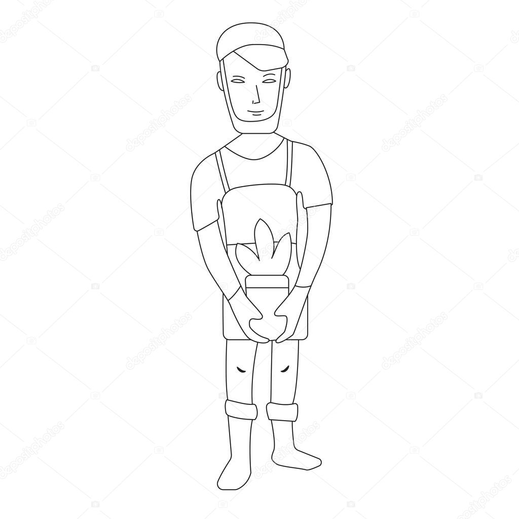 Man standing with plant in flowerpot. Black and white illustration. Coloring book.