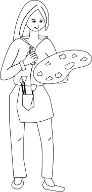 Palet ve boyalarla ayakta duran genç bir kadın. Meslek sanatçısı. Doğrusal, hatsız, siyah beyaz çizim. Renklendirme sayfası için kullanılabilir.