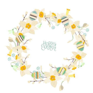 Çiçekli çelenk, güzel çiçekler, yumurtalar, kaligrafi cümlesi Mutlu Paskalyalar. Festival kartları, posterler, Paskalya duyuruları için tebrik şablonu.