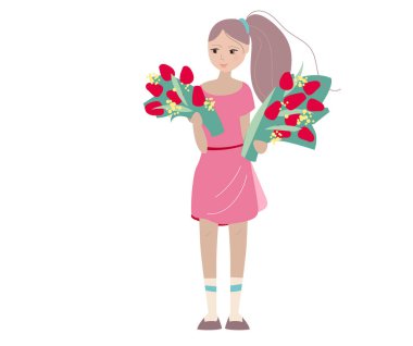 Elinde bir sürü kırmızı lale tutan genç kız. İlkbahar ve Paskalya tasarım şablonları için kullanılabilir.