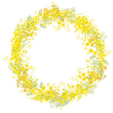 Sarı mimoza çiçekli çelenk. Festival kartları, posterler, Paskalya duyuruları için tebrik şablonu.