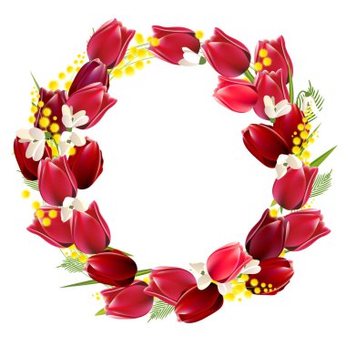 Gerçekçi kırmızı laleli çiçek çelengi. Festival kartları, posterler, Paskalya duyuruları için tebrik şablonu.