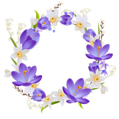 Gerçekçi menekşe timsahlı çiçek çelengi. Festival kartları, posterler, Paskalya duyuruları için tebrik şablonu.