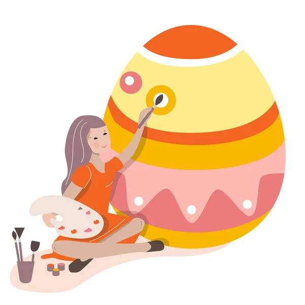 Chica Joven Sentada Pintando Huevo Pascua Grande Ilustración Festiva Primavera — Archivo Imágenes Vectoriales