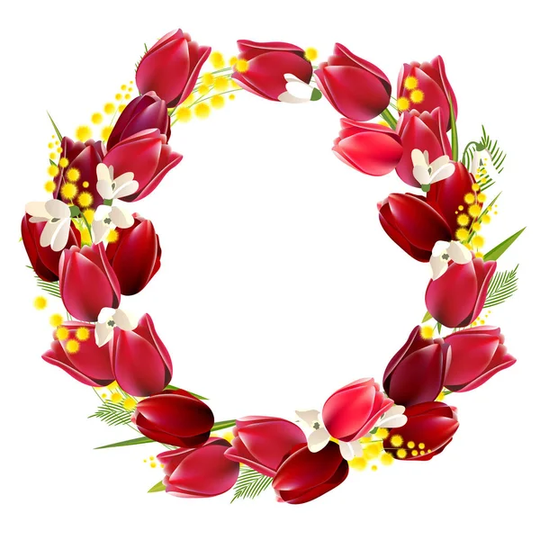 Gerçekçi kırmızı laleli çiçek çelengi. Festival kartları, posterler, Paskalya duyuruları için tebrik şablonu.