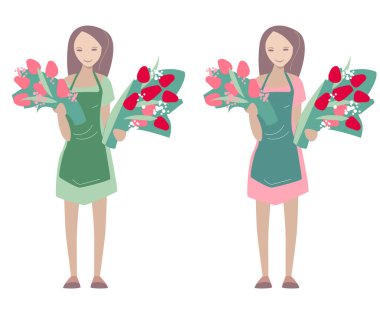 Lale sürüsüyle ayakta duran genç bir kadın. Çiçekçi beyaz arka planda izole edilmiş. İllüstrasyon çiçek ve bahçe dükkanları için kullanılabilir.