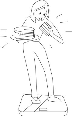 Genç bir kadın büyük bir pasta yiyor ve kilosunu ölçüyordu. Boyama kitabı için siyah ve beyaz doğrusal çizim.