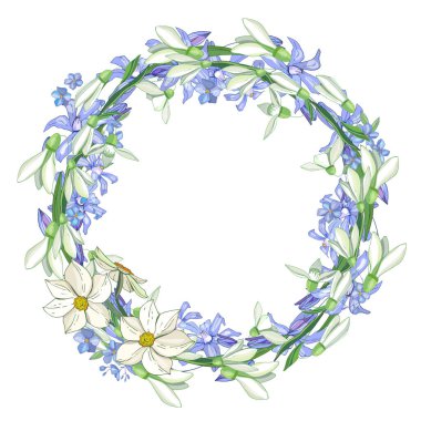 Romantik kardelen ve mavi çuha çiçekli çiçek çelengi. İllülasyon romantik ve gelin şablonları için kullanılabilir.