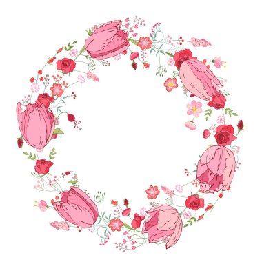 Çiçek çelengi, romantik laleler ve küçük güller. İllülasyon romantik ve gelin şablonları için kullanılabilir.